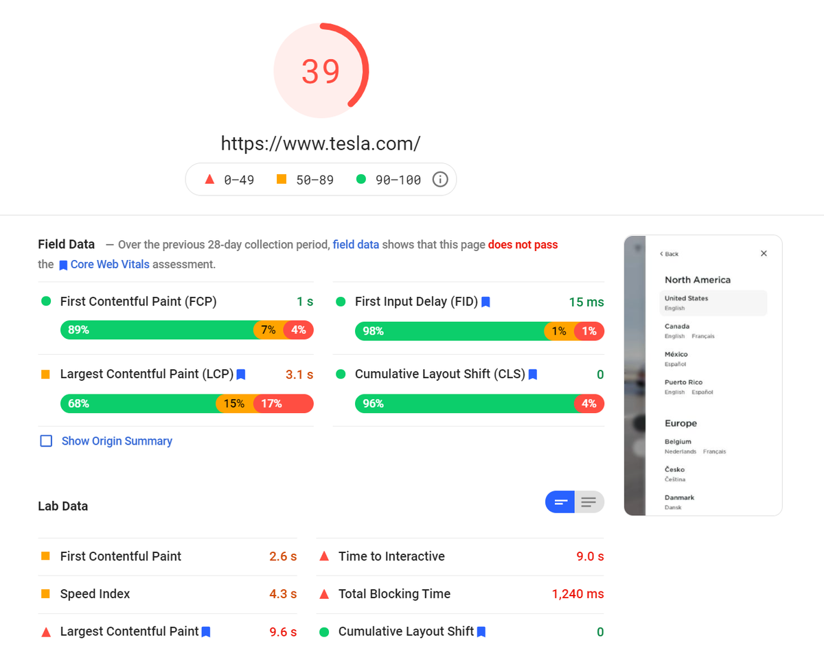 Tesla website gets 39 by PageSpeed insight benchmark